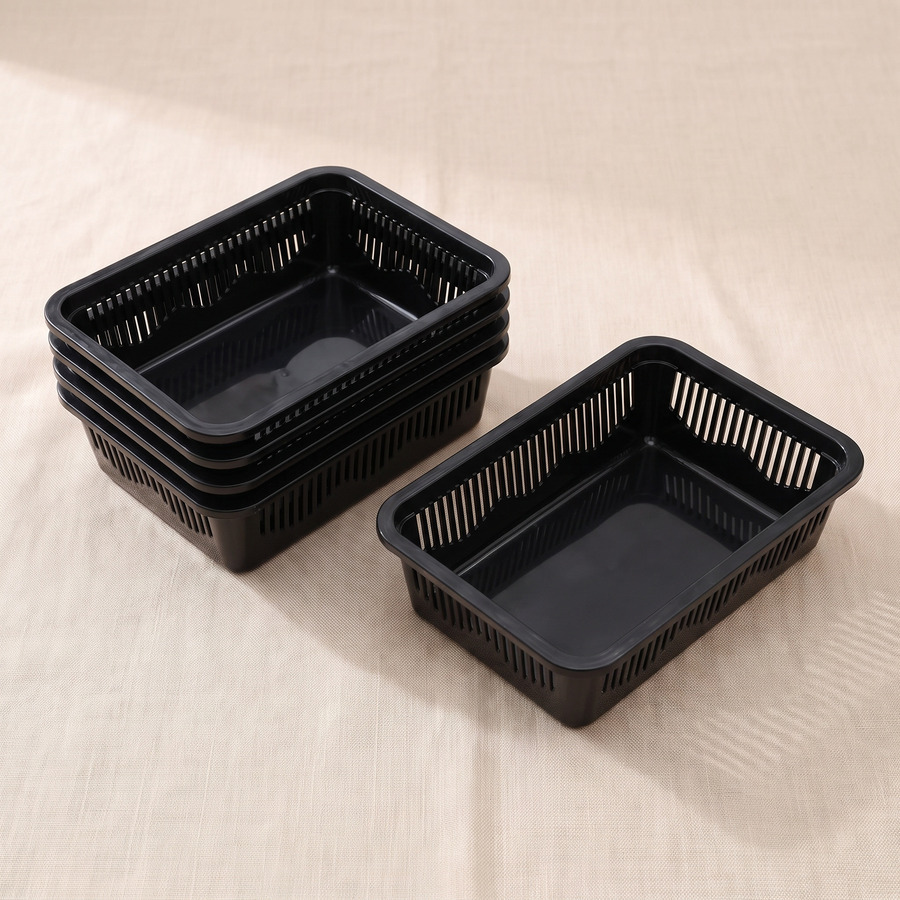 Five black rectangular small tubs