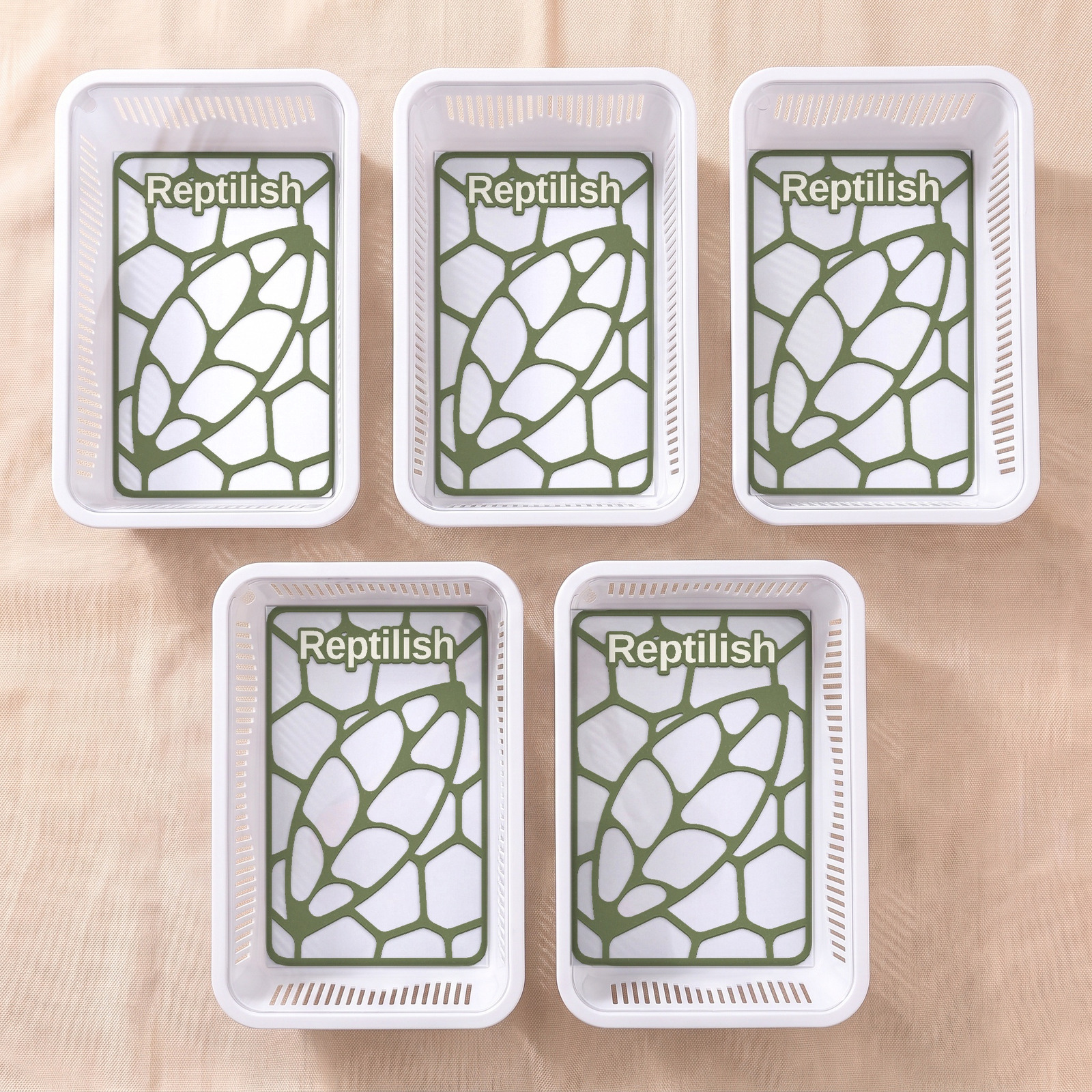 Five white tubs with Night Green Pebble Plates
