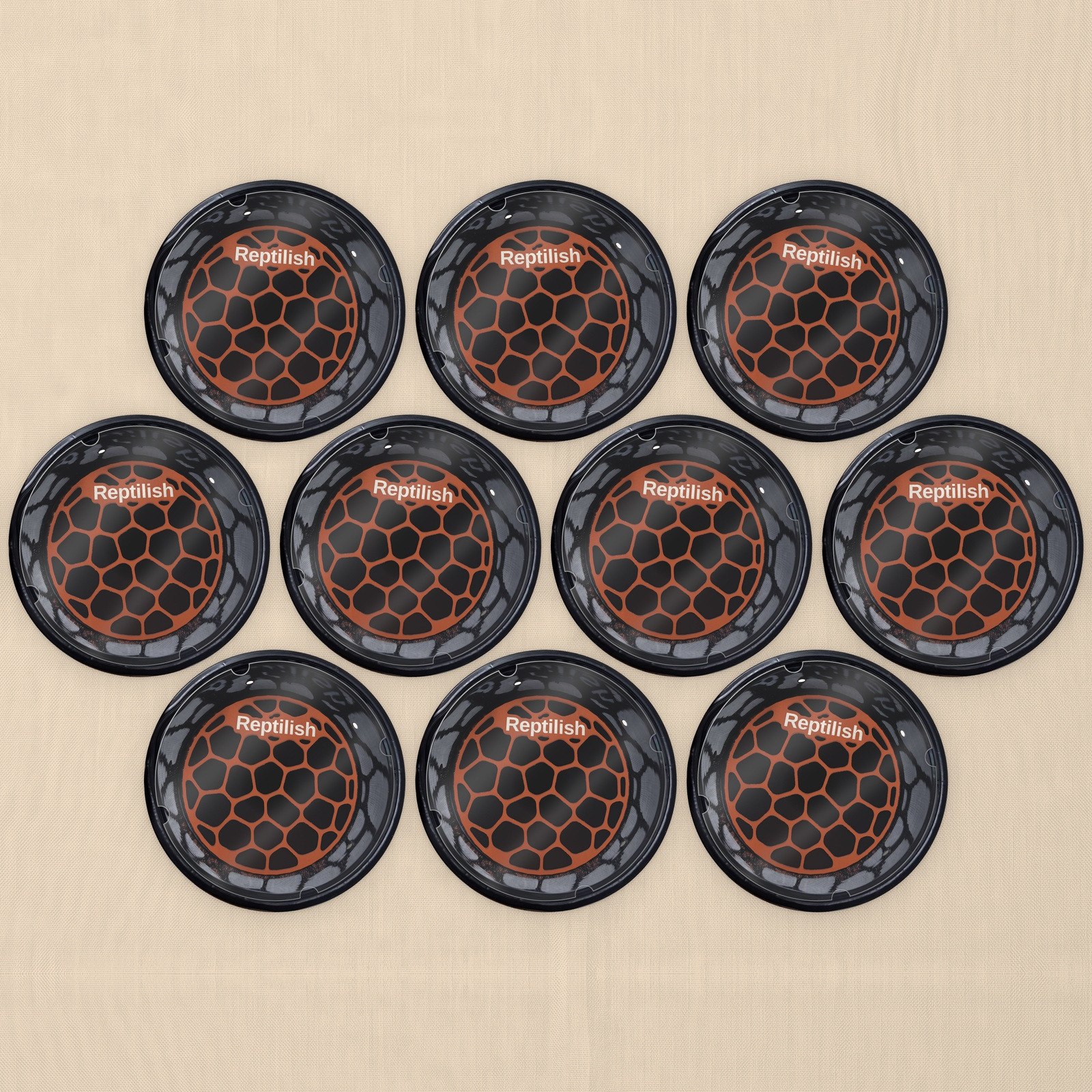Ten deli cups with acrylic lids, each with a Terracotta round Pebble Plate inside (top view)