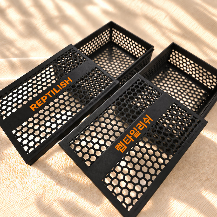 Two black Mating Mesh lids with orange lettering in English and Korean