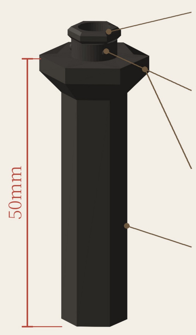 Twist lock leg diagram — head, click bump, shoulder plate and post, with a 50 mm dimension line